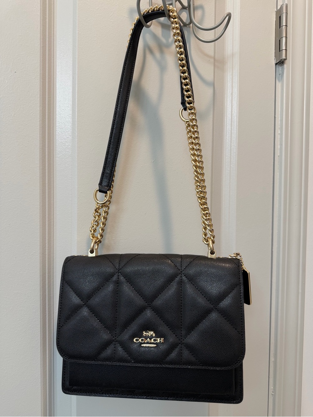 Coach Black Quilted Leather Shoulder Bag with Gold Chain